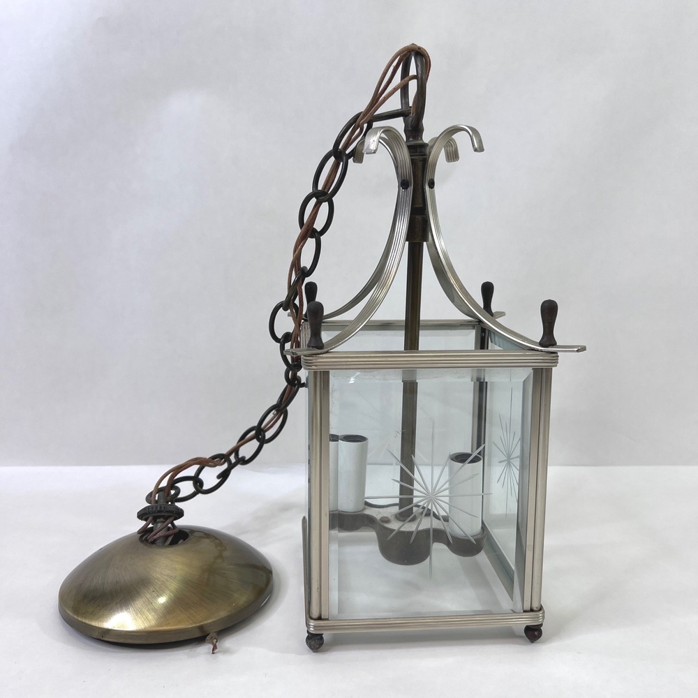 Vintage Progress Lighting Starburst Etched Glass Lantern Pendant MCM 3-Light